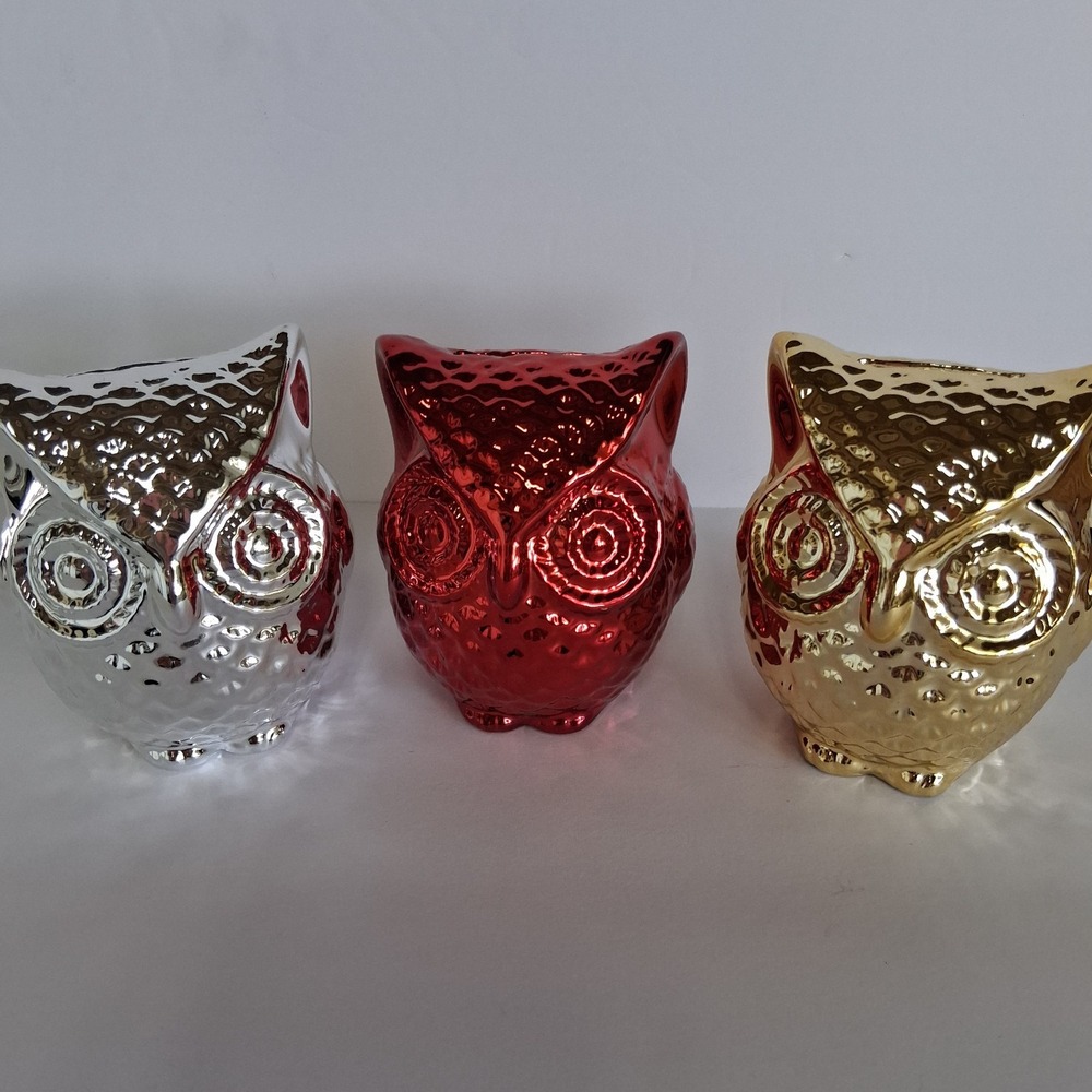 Set of 4 Metallic Owl Coin Banks Red Silver Gold Ceramic Greenbrier 4"